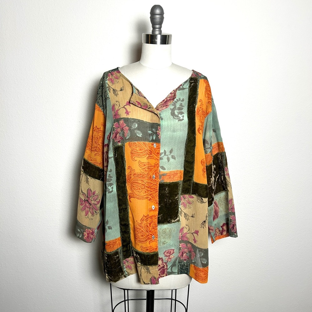 Vintage Multicolor Patchwork Velvet Chiffon Floral Paisley Shirt Women Size XL - Picture 6 of 6